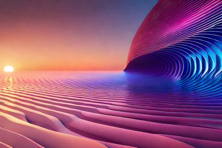 abstract curvy blue and pink iridescent landscape , dunes and wavy striped layers, surreal backgroundの素材