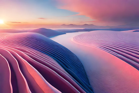 abstract curvy blue and pink iridescent landscape , dunes and wavy striped layers, surreal backgroundの素材