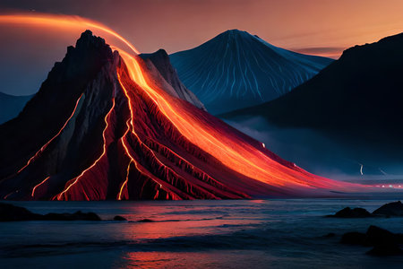glowing lava flows from an erupting volcano at night , starry sky , terrifying natureの素材