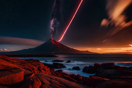 glowing lava flows from an erupting volcano at night , starry sky , terrifying natureの素材