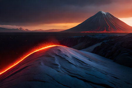 glowing lava flows from an erupting volcano at night , starry sky , terrifying natureの素材