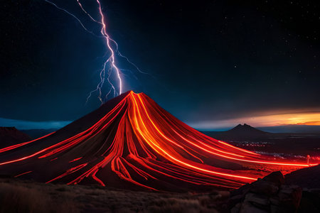 glowing lava flows from an erupting volcano at night , starry sky , terrifying natureの素材