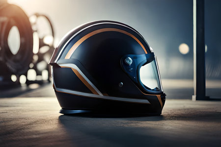 vintage colorful motorsport helmet laying on the hangar garage floor , ambiance light , copy space , racing pilot conceptの素材