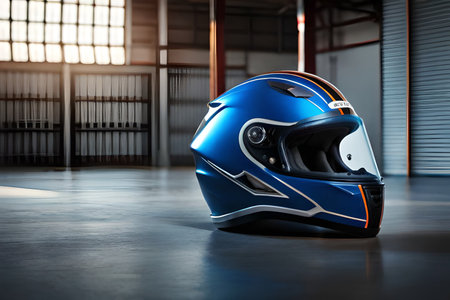 vintage colorful motorsport helmet laying on the hangar garage floor , ambiance light , copy space , racing pilot conceptの素材
