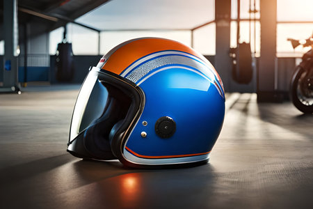 vintage colorful motorsport helmet laying on the hangar garage floor , ambiance light , copy space , racing pilot conceptの素材