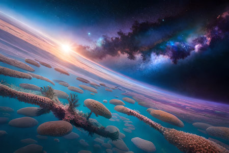 surreal artwork of a fantasy underwater spatial mixed world ,glowing nebula and submarine aquatic life organismsの素材