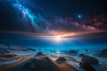 surreal artwork of a fantasy underwater spatial mixed world ,glowing nebula and submarine aquatic life organismsの素材