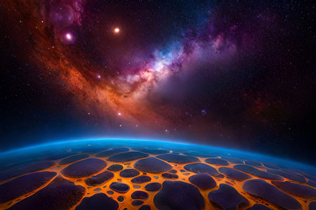 surreal artwork of a fantasy underwater spatial mixed world ,glowing nebula and submarine aquatic life organismsの素材