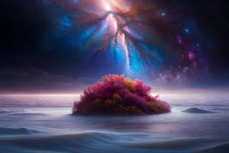 surreal artwork of a fantasy underwater spatial mixed world ,glowing nebula and submarine aquatic life organismsの素材