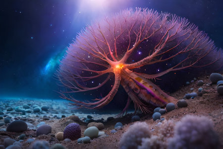 surreal artwork of a fantasy underwater spatial mixed world ,glowing nebula and submarine aquatic life organismsの素材