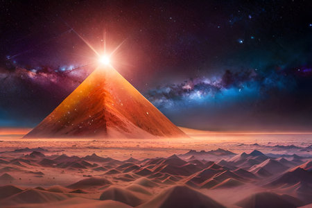surreal galaxy crystal pyramid under a glowing irridescent nebula ,space spirituality , conspiracy theory , outer worldの素材