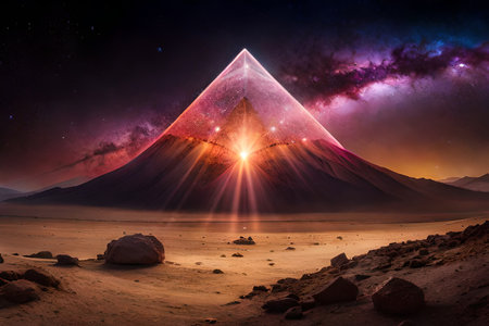 surreal galaxy crystal pyramid under a glowing irridescent nebula ,space spirituality , conspiracy theory , outer worldの素材