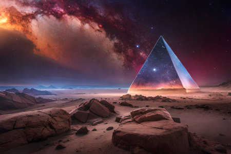 surreal galaxy crystal pyramid under a glowing irridescent nebula ,space spirituality , conspiracy theory , outer worldの素材
