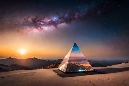 surreal galaxy crystal pyramid under a glowing irridescent nebula ,space spirituality , conspiracy theory , outer worldの素材