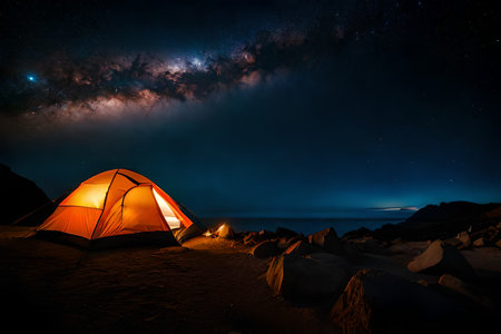 glowing enlighten camping tent in the wild , night sky nebulaの素材