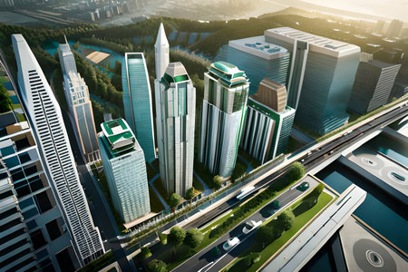 futuristic sustainable ecofriendly city , ecological urban planning , urbanistic concept ,vertical gardensの素材