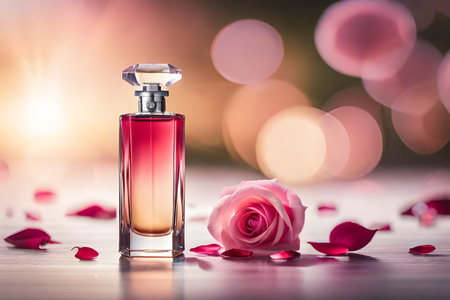 rose pefume bottle , classy and feminine luxury pefume flacon , advertising template , product presentation ,expensive fragranceの素材