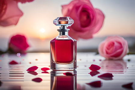 rose pefume bottle , classy and feminine luxury pefume flacon , advertising template , product presentation ,expensive fragranceの素材