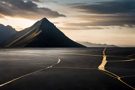 black and golden marble stone mountains , surreal landscape , sunny backlightの素材