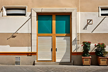 old european storefront ,beige tone , village street view of a commercial facadeの素材