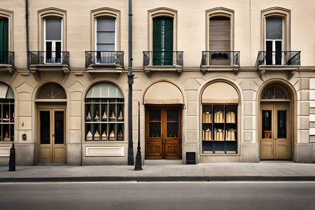 old european storefront ,beige tone , village street view of a commercial facadeの素材
