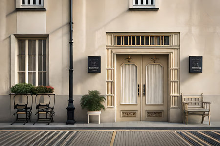 old european storefront ,beige tone , village street view of a commercial facadeの素材