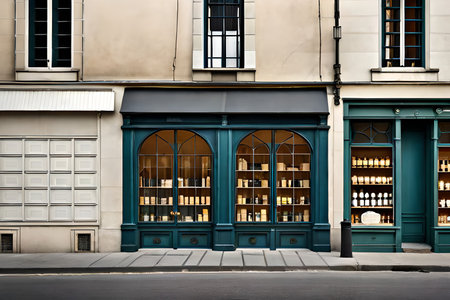 old european storefront ,beige tone , village street view of a commercial facadeの素材