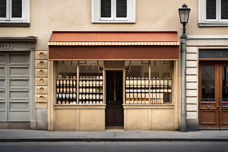 old european storefront ,beige tone , village street view of a commercial facadeの素材