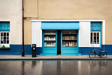 a typical downtown village boutique , storefront of a restaurant in europe , street viewの素材
