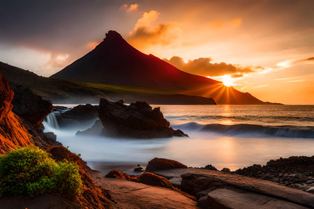 Sunset on the beach of Lanzarote, Canary Islands, Spainの素材