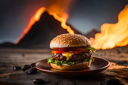 Hamburger on a rustic wooden table with a burning backgroundの素材