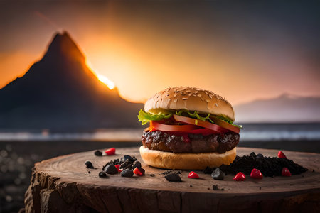 Burger on a wooden table in front of a mountain at sunsetの素材