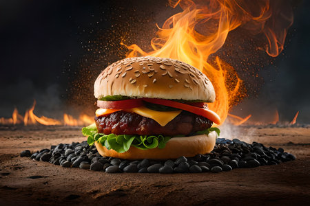 Big tasty hamburger on the stone with fire and smoke background.の素材