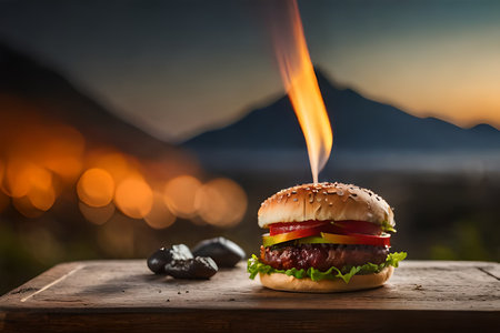 Burger with flame on a wooden table in front of blurred backgroundの素材