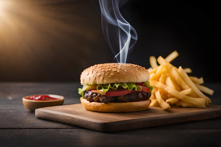 Cheese burger - American cheese burger with Golden French fries and ketchupの素材