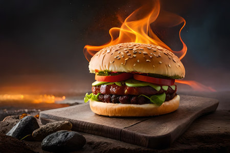 Big hamburger on wooden board with fire and smoke on background. spicy flaming hot chili burgerの素材