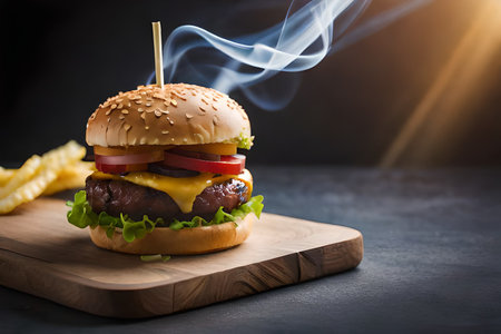 Hamburger with french fries on a wooden board, black backgroundの素材