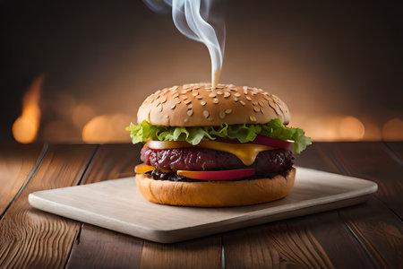 Hamburger on a wooden table with a fire in the backgroundの素材