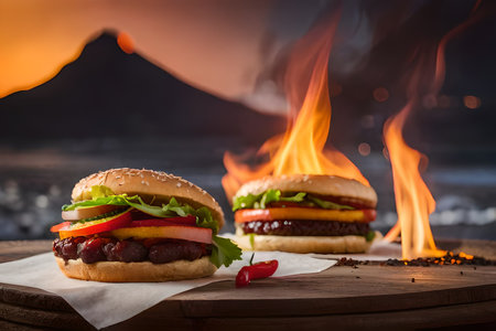 Hamburger with fire on the background of mountain and lake. spicy flaming hot chili burgerの素材
