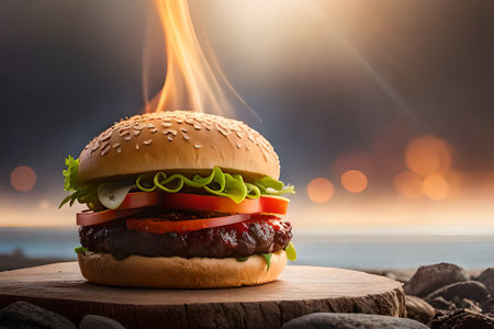 Hamburger with fire on the background of the sea at sunset. spicy flaming hot chili burgerの素材
