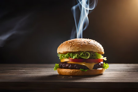 Hamburger on a wooden table with smoke on the background.の素材