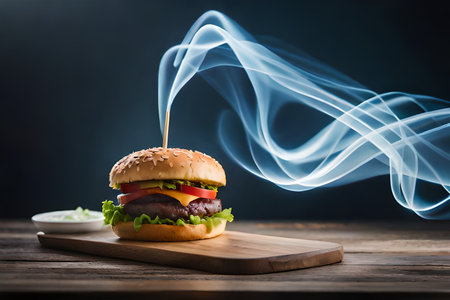 Hamburger with smoke on a wooden board on a dark backgroundの素材