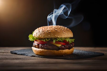 Delicious hamburger on wooden table with smoke, close-upの素材