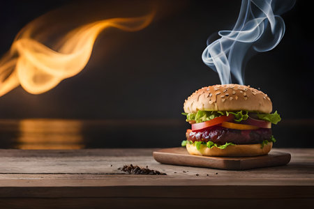 Burger on a wooden table with fire and smoke on a dark background.の素材