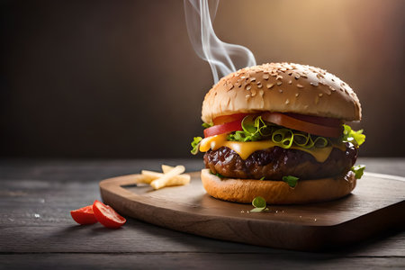 Hamburger with cheese, tomato and french fries on wooden boardの素材