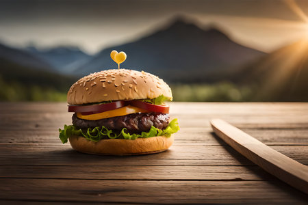 Hamburger on wooden table with mountains in the background and copy spaceの素材