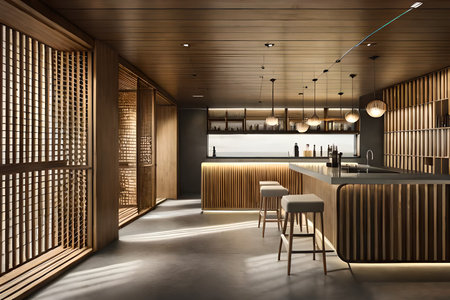 Interior of modern bar with wooden walls, concrete floor and bar counter with stools. 3d renderingの素材