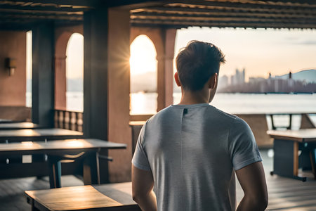 Back view of a young man looking at the sunset in a restaurantの素材