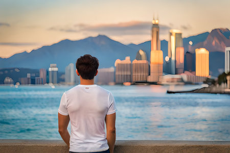 Young man looking at the skyline of Hong Kong city at sunset.の素材
