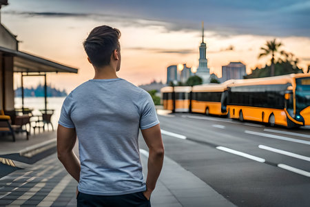 Back view of young man standing in front of bus station and looking at the city.の素材